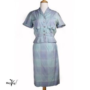 Vintage 40s Peplum Top and Skirt Set WWII Plaid Cotton Metal Zip Size S -Hey Viv